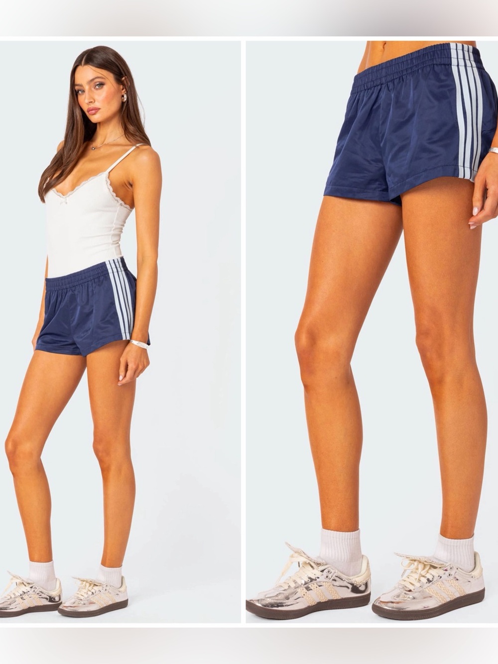 Edikted Nikki Nylon Shorts Navy with Light Blue Side Stripes Small